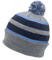 Pacific Headwear 641K Pom-Pom Cuff Beanie - Heather Gray Navy Columbia Blue - Gray Navy / 7’’ - 7 7/8’’