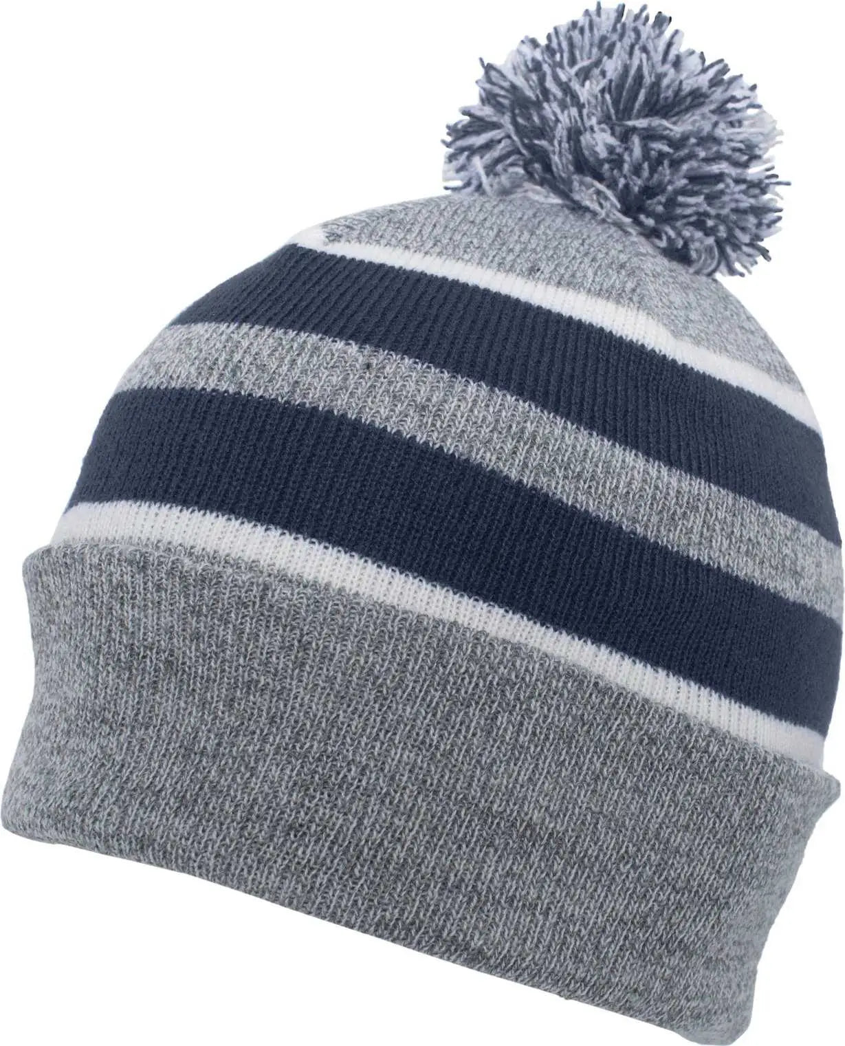 Pacific Headwear 641K Pom-Pom Cuff Beanie - Heather Gray Navy White - Gray Navy / 7’’ - 7 7/8’’