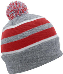 Pacific Headwear 641K Pom-Pom Cuff Beanie - Heather Gray Red White - Gray Red / 7’’ - 7 7/8’’