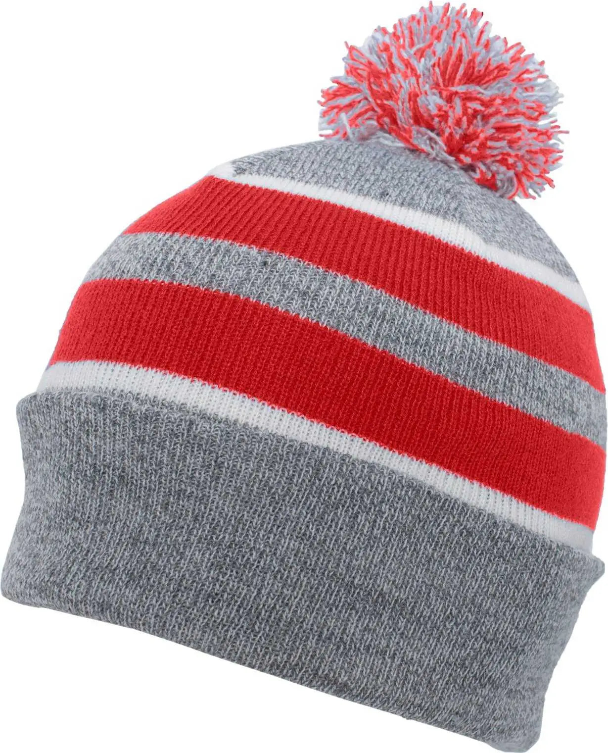 Pacific Headwear 641K Pom-Pom Cuff Beanie - Heather Gray Red White - Gray Red / 7’’ - 7 7/8’’