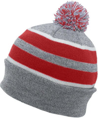 Pacific Headwear 641K Pom-Pom Cuff Beanie - Heather Gray Red White - Gray Red / 7’’ - 7 7/8’’