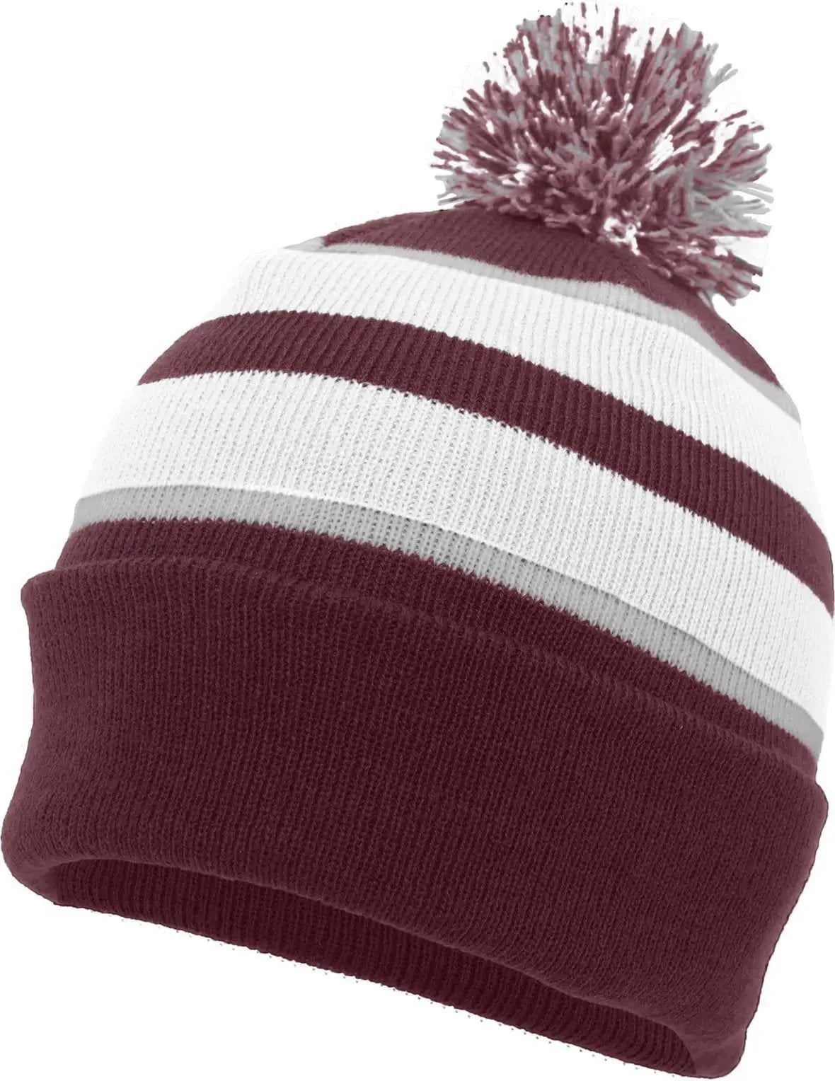 Pacific Headwear 641K Pom-Pom Cuff Beanie - Maroon White Silver - Maroon White / 7’’ - 7 7/8’’
