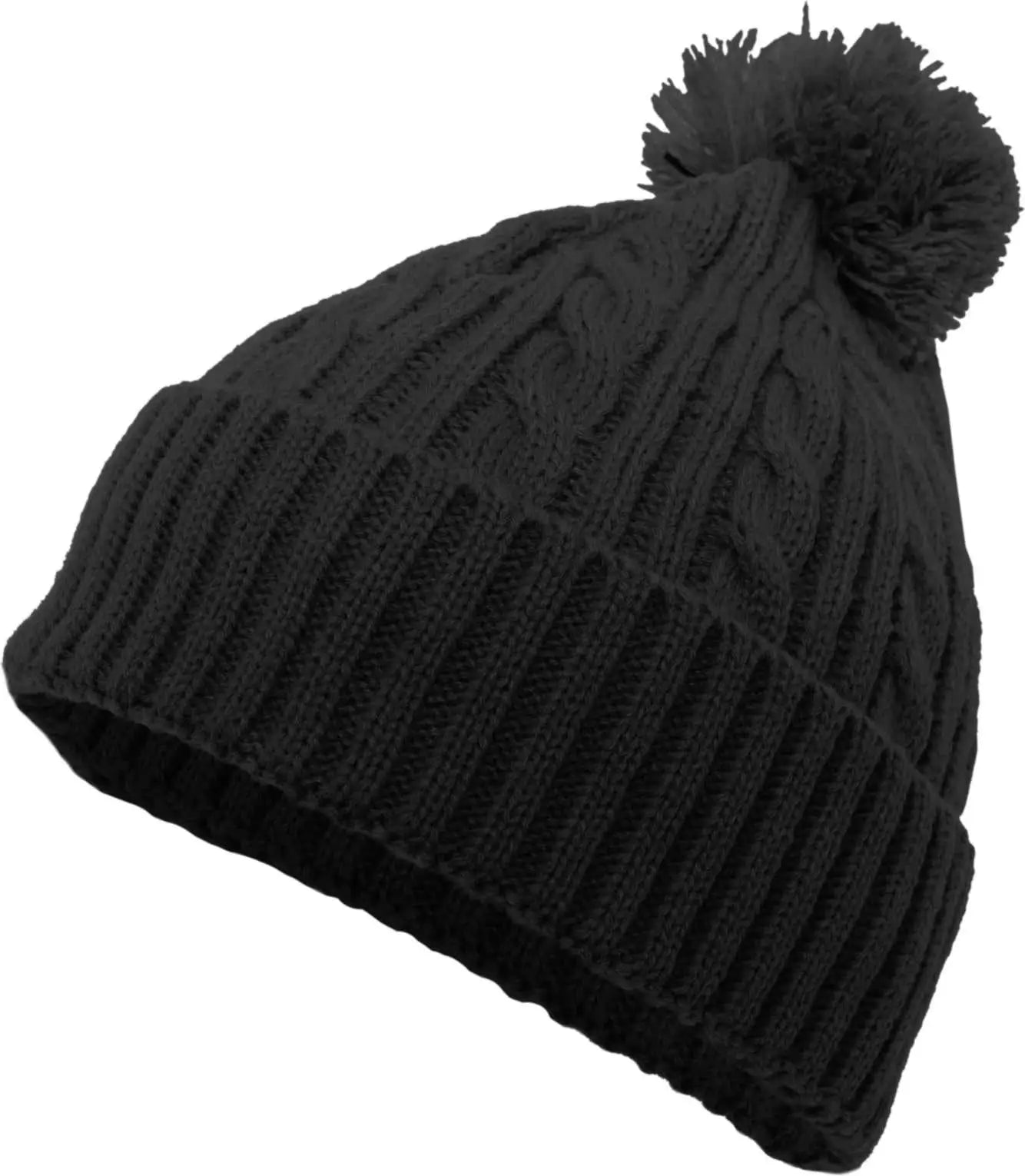 Pacific Headwear 643K Cable Knit Pom-Pom Beanie - Black - Black / 7’’ - 7 7/8’’