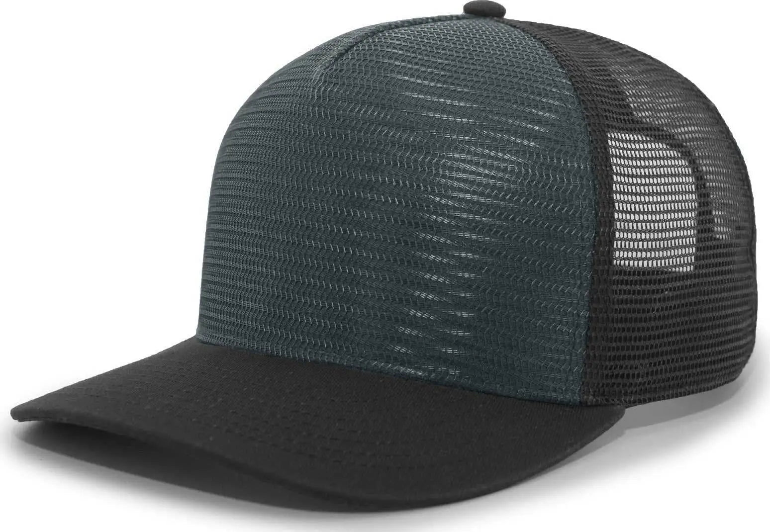 Pacific Headwear 724 Mesh Overlay 5-Panel Trucker Snapback Cap - Black Dark Green - Black Forest / 7’’ - 7 7/8’’