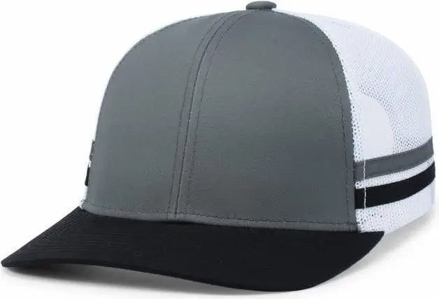 Pacific Headwear P115 Low-Profile Stripe Trucker Cap - Graphite White Black - Graphite White Black / 7’’ - 7 7/8’’