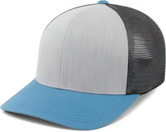 Pacific Headwear P151 Trucker Pacflex Snapback Cap - Heather Grey Lt Charcoal Ocean Blue - Heather Grey Lt Charcoal