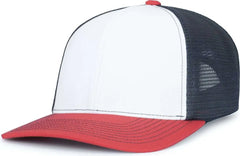 Pacific Headwear P151S Contrast Stitch Trucker Pacflex Snapback Cap - White Navy Red - White Navy / 7’’ 7 7/8’’