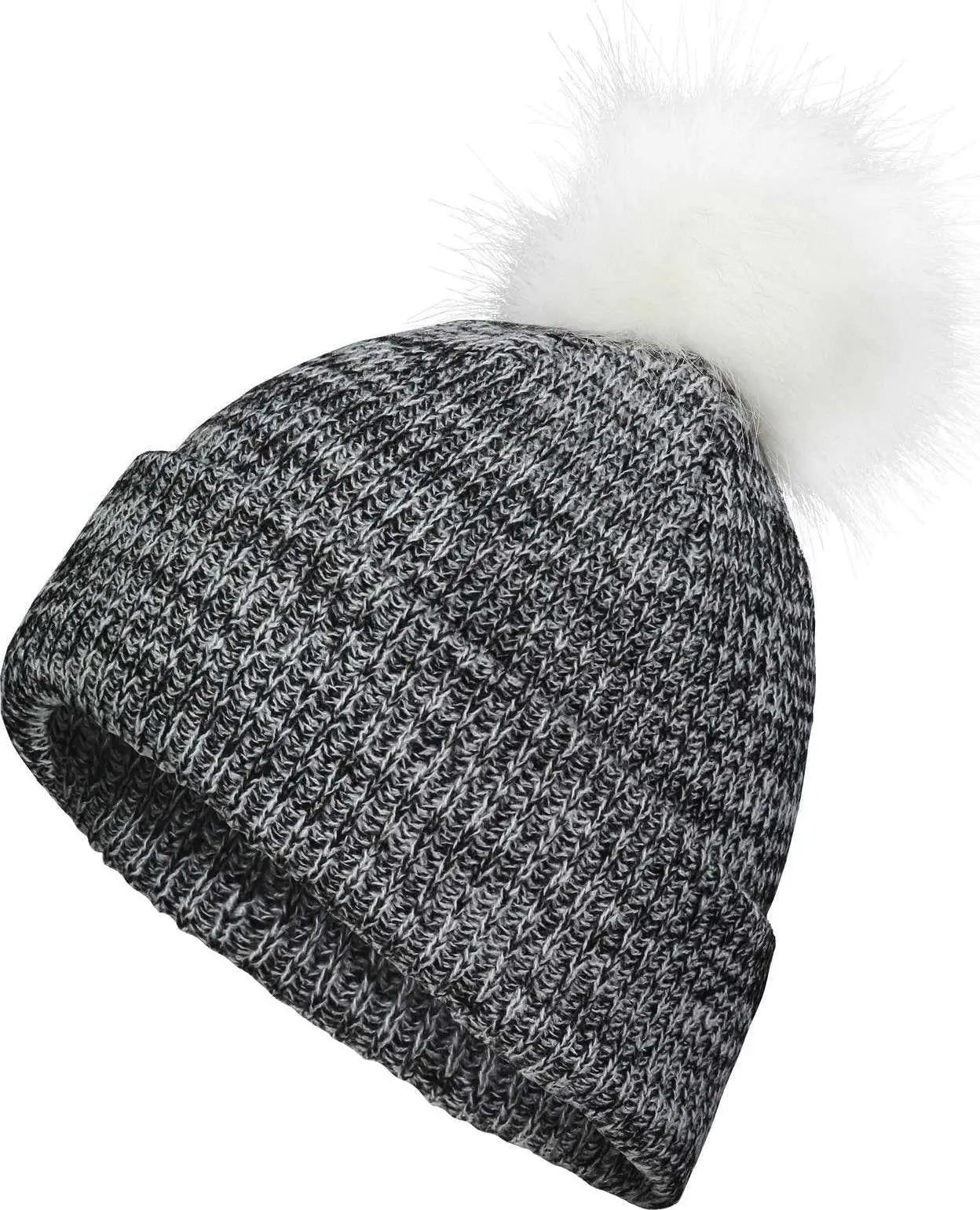 Pacific Headwear P604K Faux Fur Pom Beanie - Black White - Black White / 7’’ - 7 7/8’’