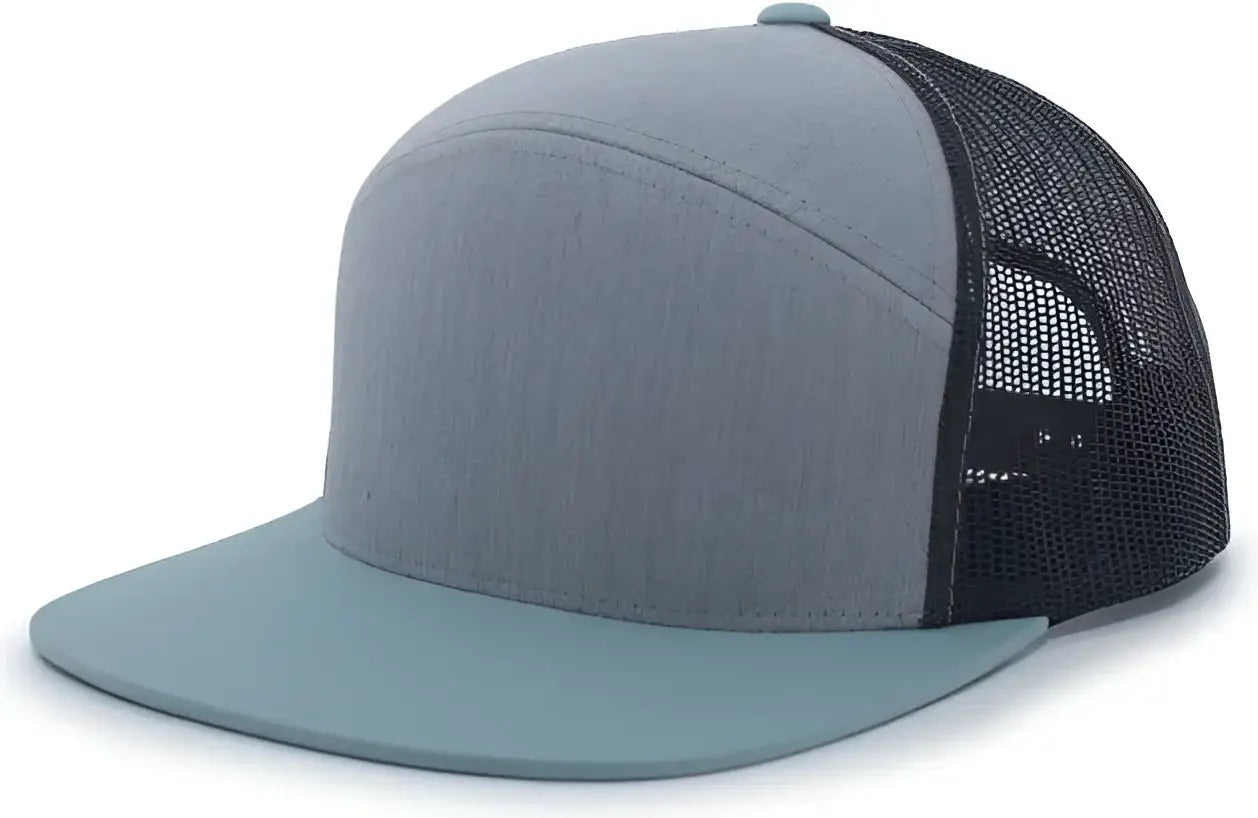 Pacific Headwear P787 6-Panel Arch Trucker Snapback Cap - Heather Grey Smoke Blue - Heather Grey Smoke Blue / 7’’ - 7