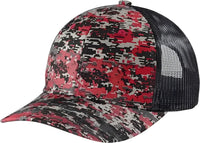 Port Authority C114 Digi Camo Snapback Trucker Cap - Flame Red Dig Grey Steel - Red Dark Gray / One Size Fits Most