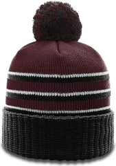 Richardson 134 Sriped Beanie with Cuff & Pom - Maroon Black White - Maroon Black White / OSFM
