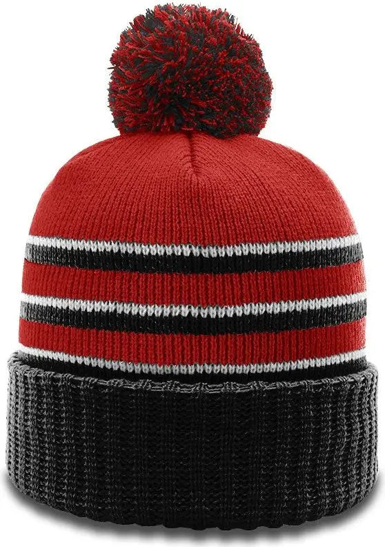 Richardson 134 Sriped Beanie with Cuff & Pom - Red Black White - Red Black White / OSFM