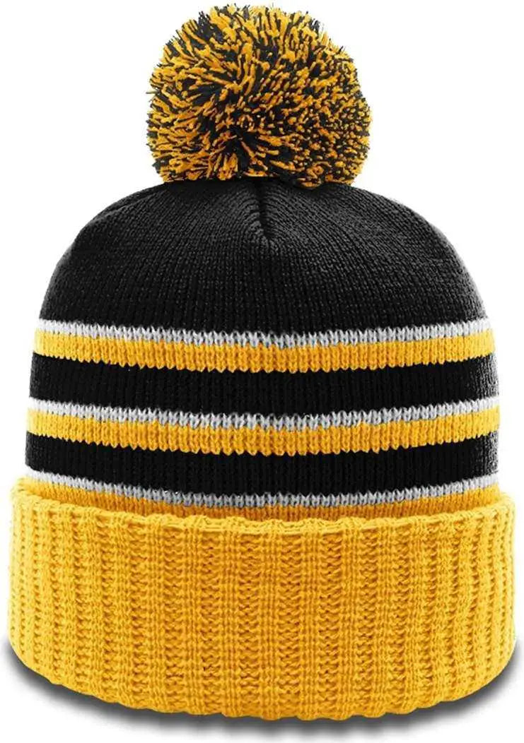 Richardson 134 Stripe Pom Beanies with Cuff - Black Gold White - Black Gold / OSFM