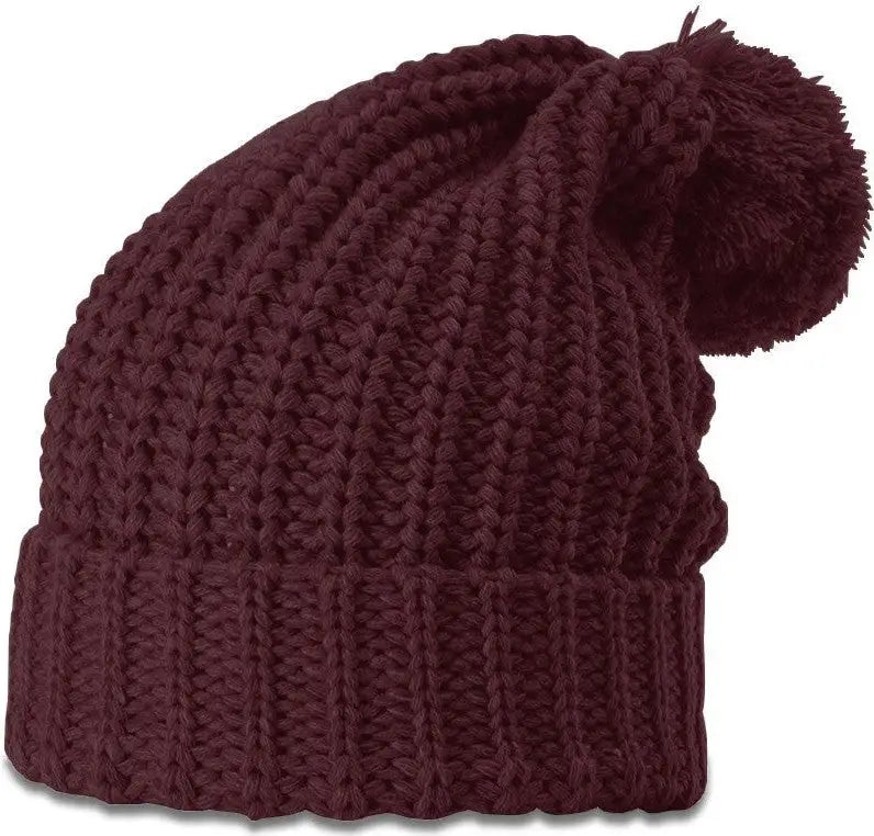 Richardson 143 Chunk Cable Beanie with Cuff & Pom - Burgundy - Burgundy / OSFM