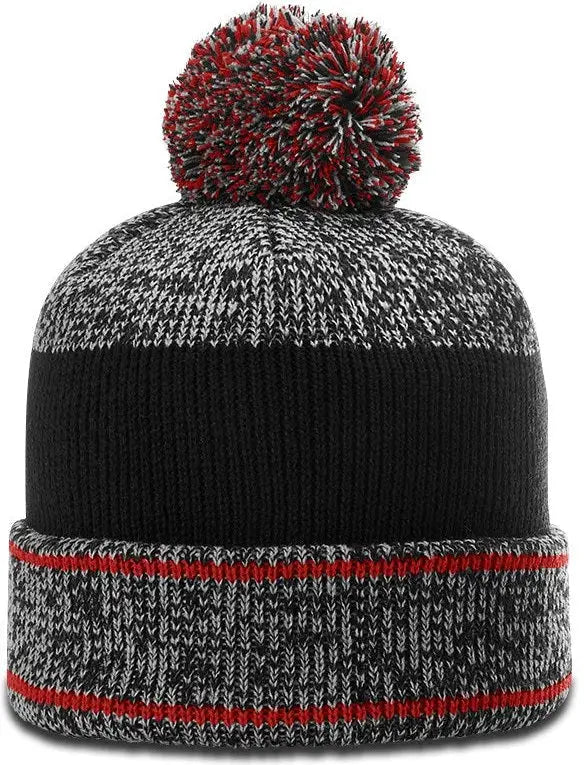 Richardson 148 Heather Beanie with Cuff & Pom - Gray Red Black - Red / OSFM