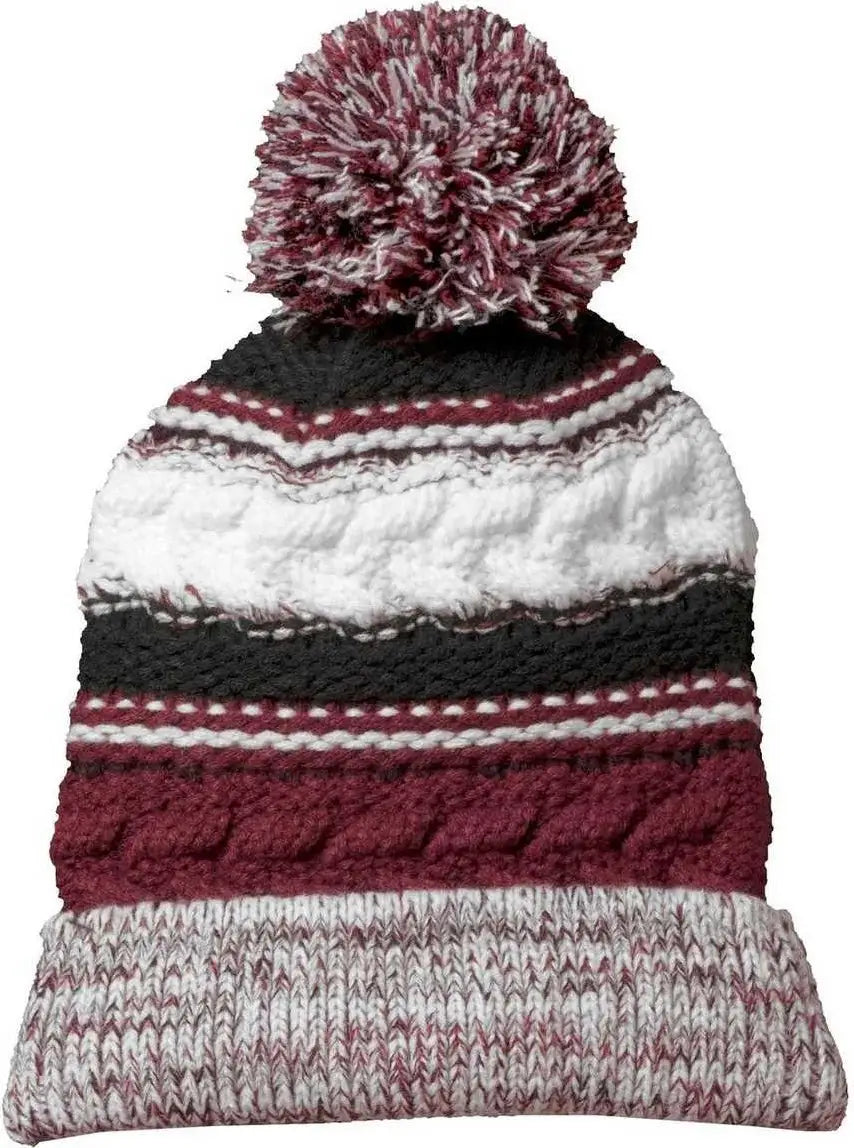 Sport-Tek STC21 Pom Pom Team Beanie - Maroon Black White - Maroon Black / One Size Fits Most