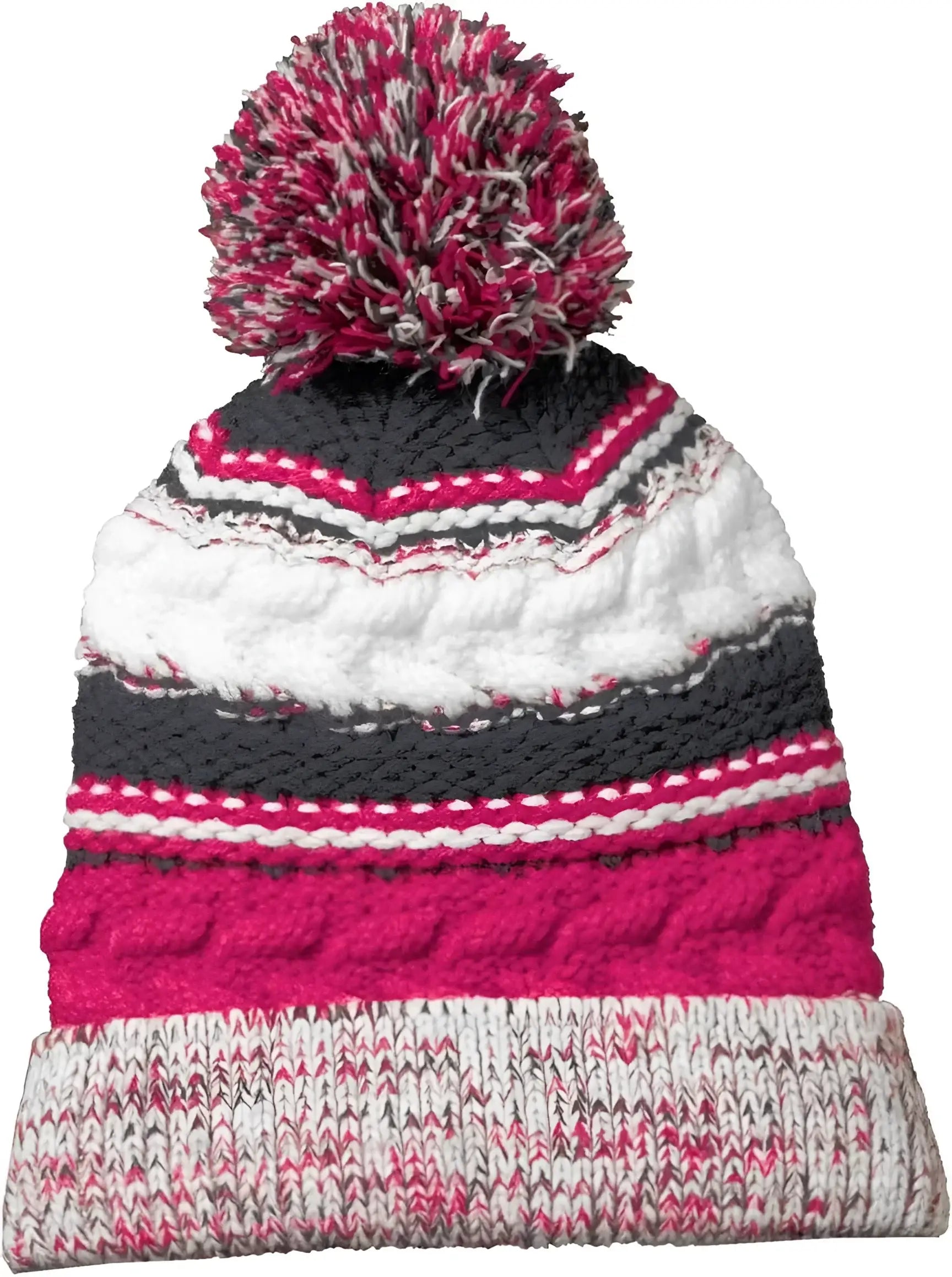Sport-Tek STC21 Pom Pom Team Beanie - Pink Raspberry Iron Gray White - Hot Pink Dark Gray / One Size Fits Most