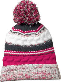 Sport-Tek STC21 Pom Pom Team Beanie - Pink Raspberry Iron Gray White - Hot Pink Dark Gray / One Size Fits Most