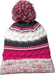 Sport-Tek STC21 Pom Pom Team Beanie - Pink Raspberry Iron Gray White - Hot Pink Dark Gray / One Size Fits Most