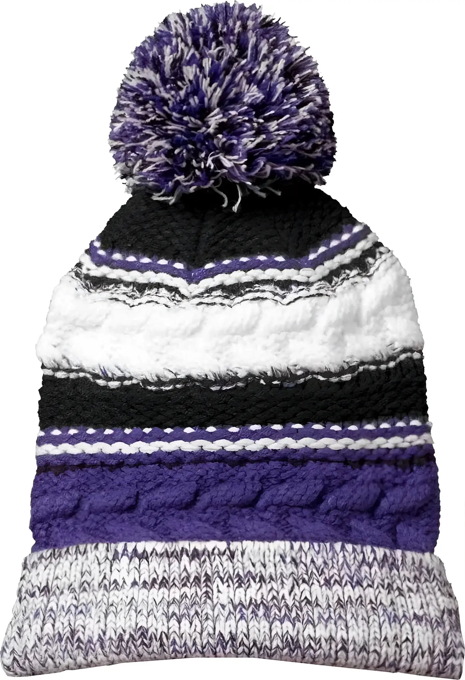 Sport-Tek STC21 Pom Pom Team Beanie - Purple Black White - Purple Black / One Size Fits Most