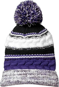 Sport-Tek STC21 Pom Pom Team Beanie - Purple Black White - Purple Black / One Size Fits Most