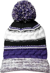Sport-Tek STC21 Pom Pom Team Beanie - Purple Black White - Purple Black / One Size Fits Most
