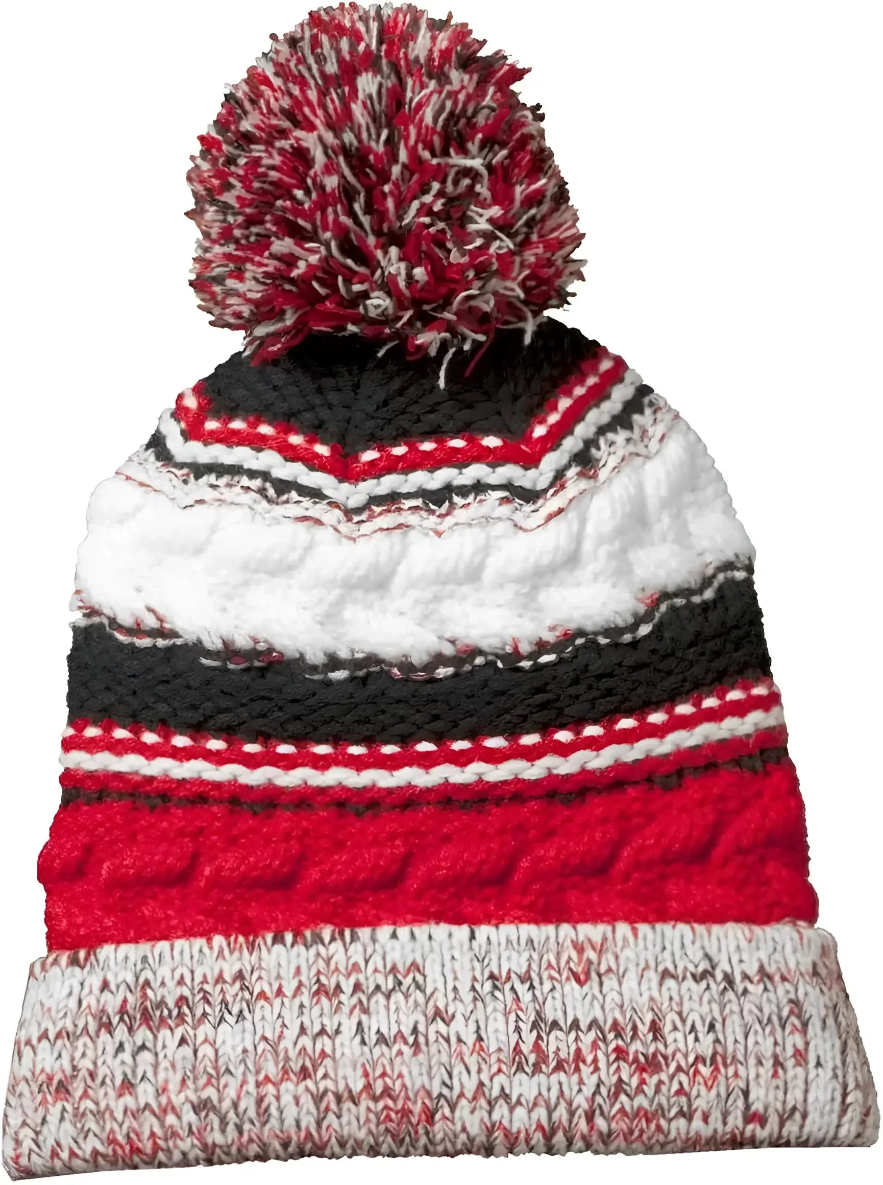 Sport-Tek STC21 Pom Pom Team Beanie - True Red Black White - Red White / One Size Fits Most