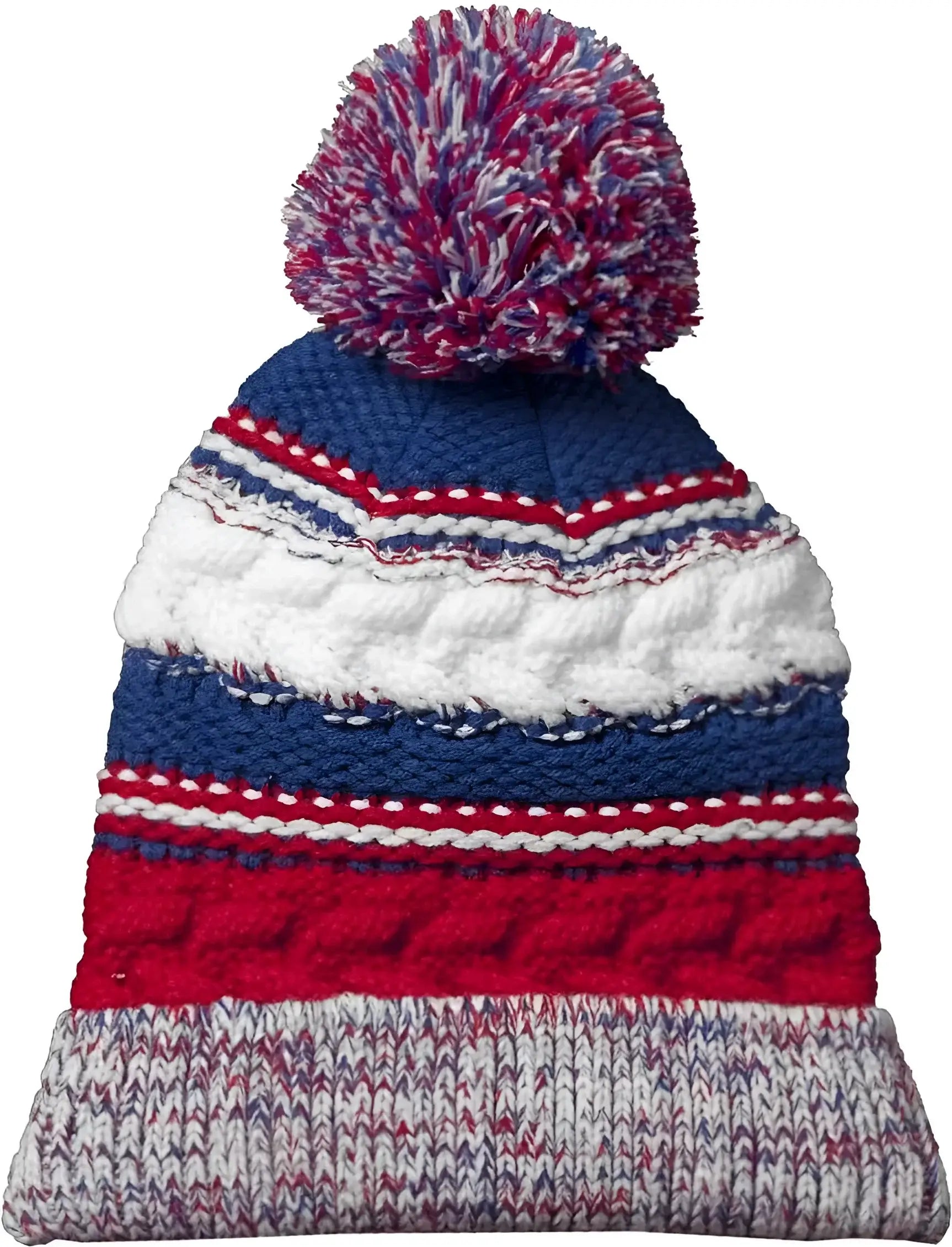Sport-Tek STC21 Pom Pom Team Beanie - True Red True Royal White - Muti-Color / One Size Fits Most