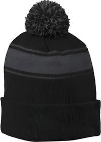 Sport-Tek STC28 Stripe Pom Pom Beanie - Black Iron Gray - Black Dark Gray / One Size Fits Most