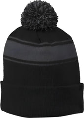Sport-Tek STC28 Stripe Pom Pom Beanie - Black Iron Gray - Black Dark Gray / One Size Fits Most