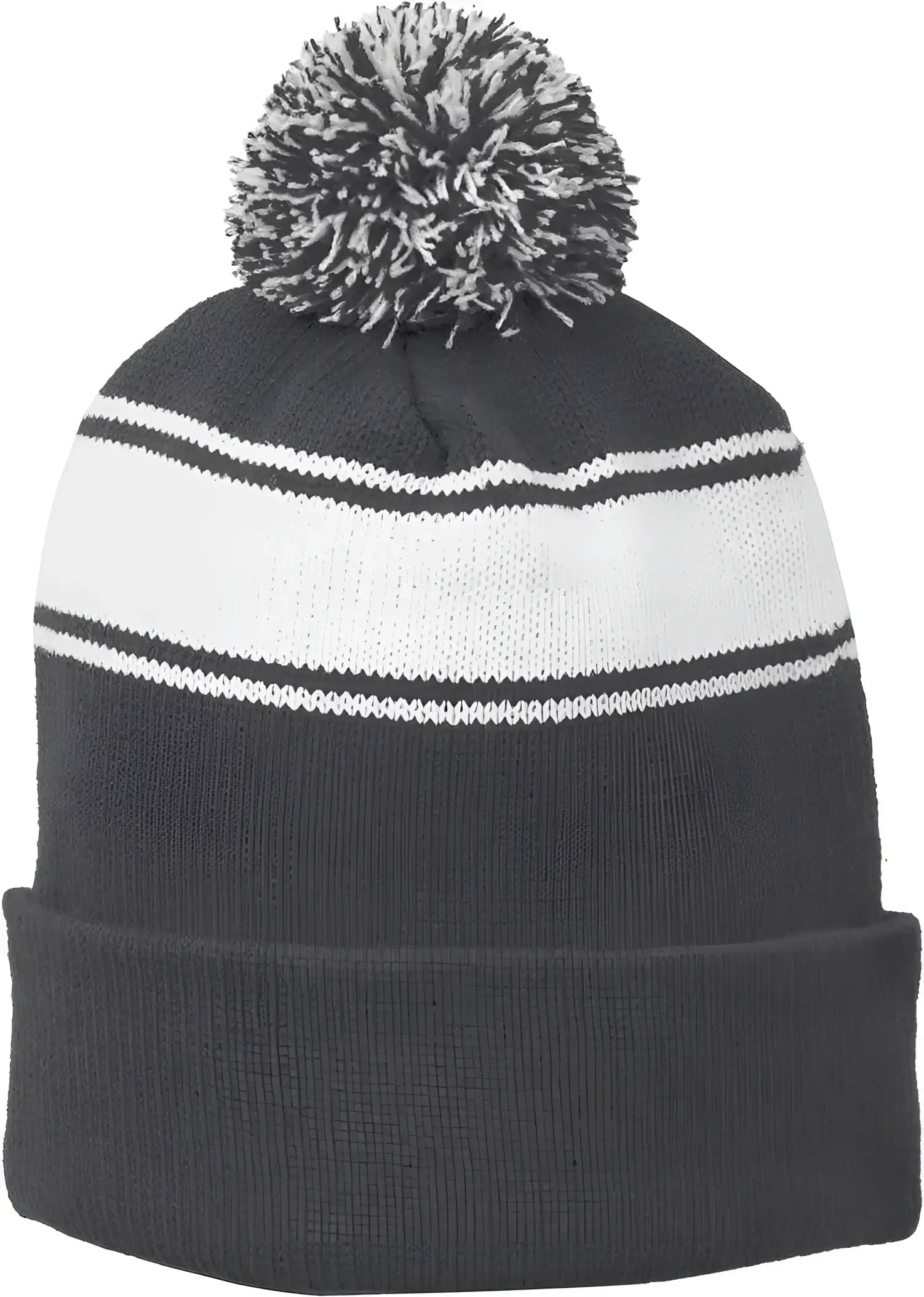 Sport-Tek STC28 Stripe Pom Pom Beanie - Iron Gray White - Dark Gray White / One Size Fits Most