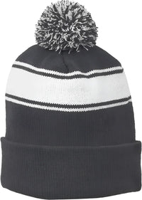Sport-Tek STC28 Stripe Pom Pom Beanie - Iron Gray White - Dark Gray White / One Size Fits Most