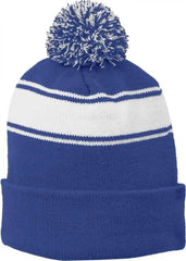 Sport-Tek STC28 Stripe Pom Pom Beanie - True Royal White - Royal White / One Size Fits Most