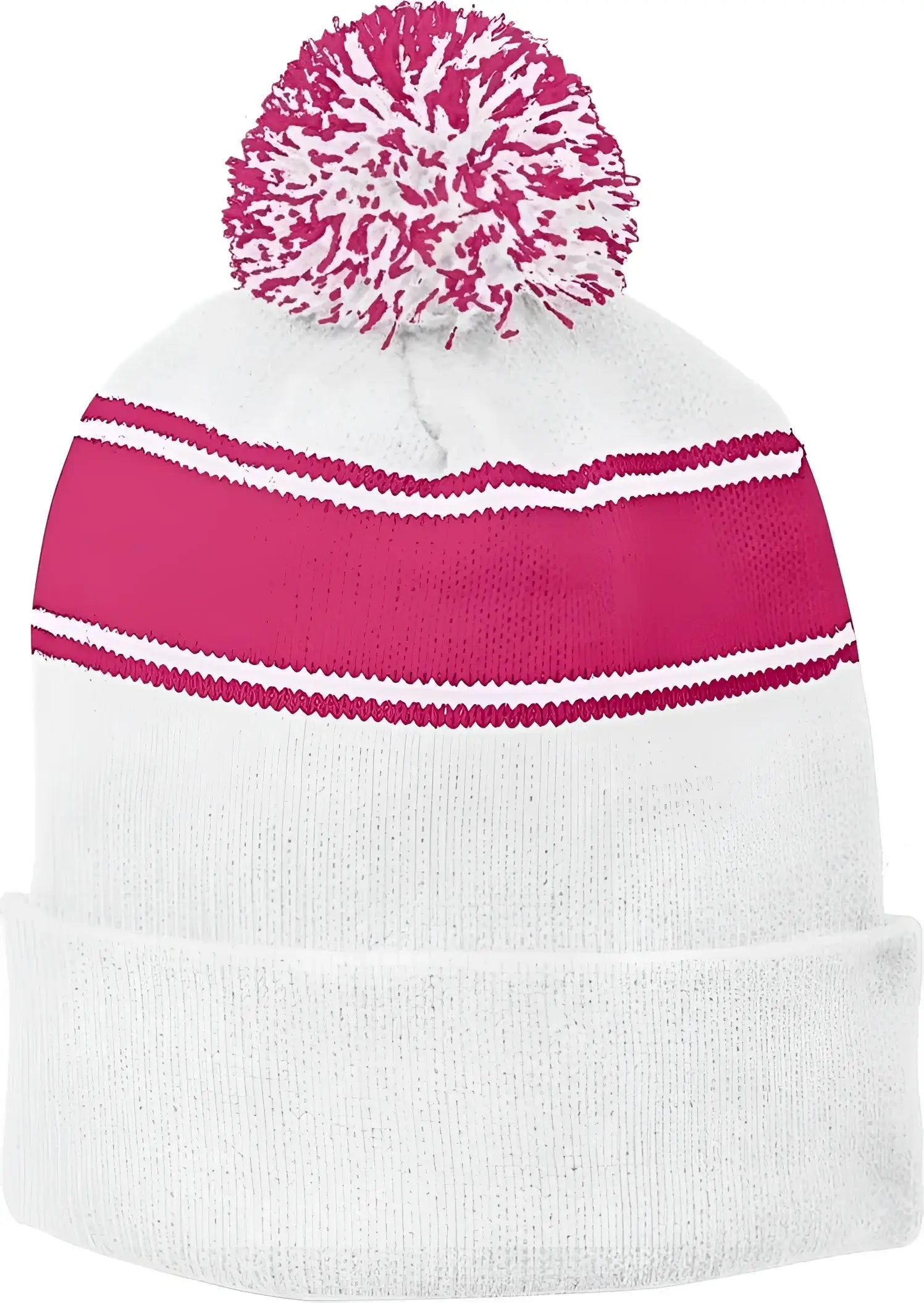 Sport-Tek STC28 Stripe Pom Pom Beanie - White Pink Raspberry - White Hot Pink / One Size Fits Most