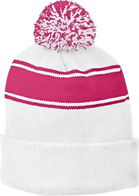 Sport-Tek STC28 Stripe Pom Pom Beanie - White Pink Raspberry - White Hot Pink / One Size Fits Most