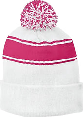 Sport-Tek STC28 Stripe Pom Pom Beanie - White Pink Raspberry - White Hot Pink / One Size Fits Most