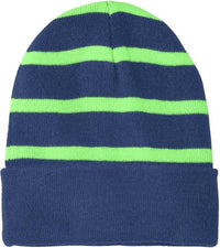Sport-Tek STC31 Striped Beanie with Solid Band - Team Navy Flash Green - Navy Green / One Size Fits Most