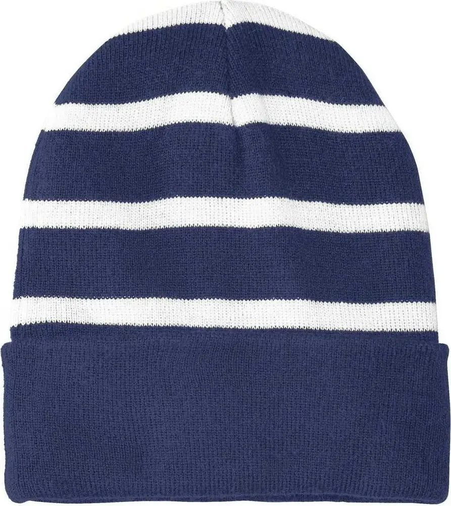 Sport-Tek STC31 Striped Beanie with Solid Band - True Navy White - Navy White / One Size Fits Most