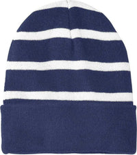 Sport-Tek STC31 Striped Beanie with Solid Band - True Navy White - Navy White / One Size Fits Most