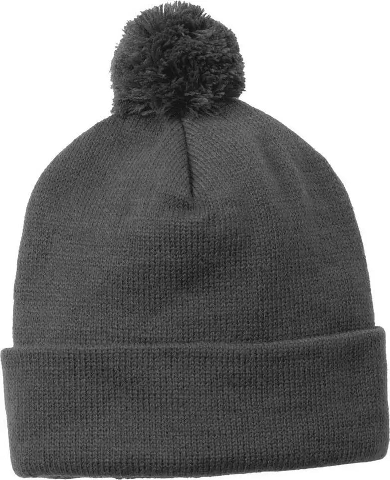 Sport-Tek STC37 Solid Pom Pom Beanie - Iron Gray - Dark Gray / One Size Fits Most