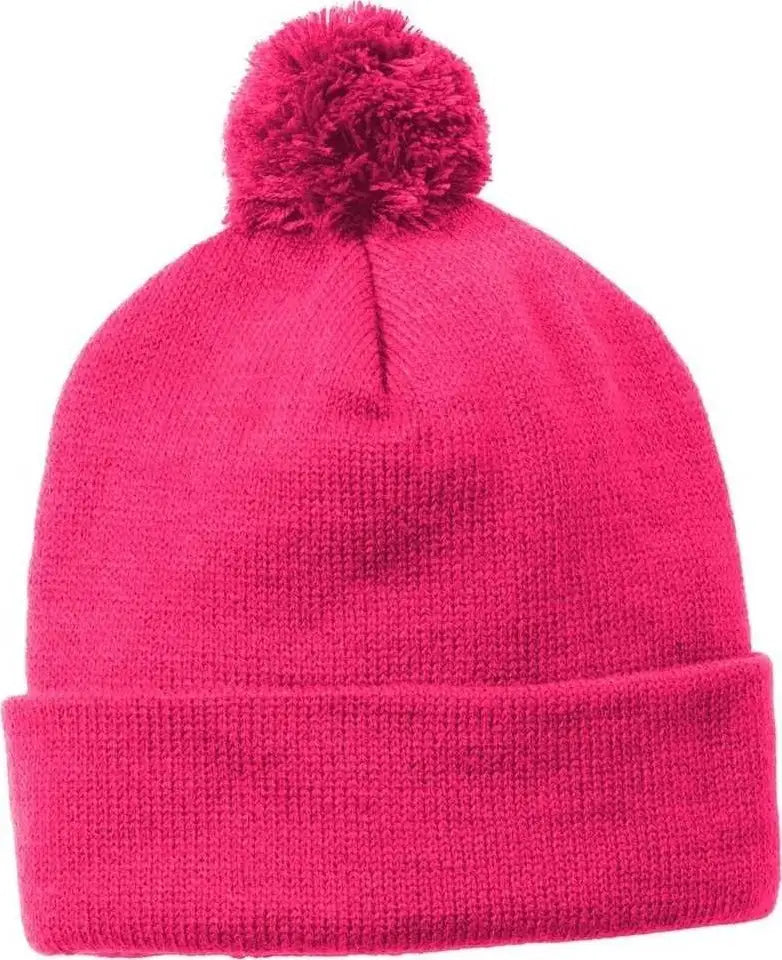 Sport-Tek STC37 Solid Pom Pom Beanie - Pink Raspberry - Hot Pink / One Size Fits Most