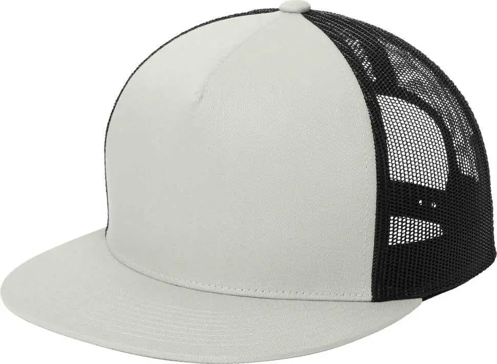 Sport-Tek STC38 Yupoong 5-Panel Classic Trucker Mesh Back Cap - Silver/Blk - Silver/Blk / OSFA