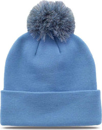 The Game GB461 Roll Up Beanie with Pom - Columbia Blue - Columbia Blue / One Size Fits Most