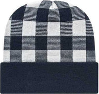 Cap America RKP12 USA Made Plaid Knit Cap with Cuff Beanie - White True Navy | HIT a Double