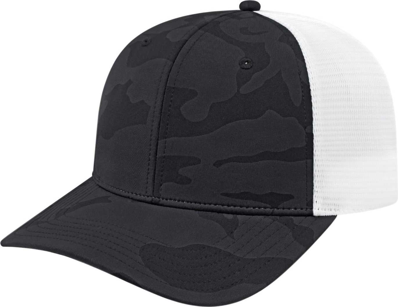 Cap America i2024 Nylon Blend Camo Trucker Mesh Back Cap - Black White | HIT a Double