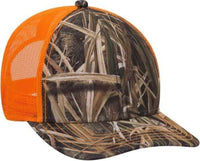 OTTO 171-1293  Mossy Oak Camouflage Superior Polyester Twill 6 Panel Low Profile Mesh Back Baseball Cap - Shadow Grass Blades Neon Orange | HIT a Double