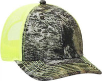 OTTO 171-1293  Mossy Oak Camouflage Superior Polyester Twill 6 Panel Low Profile Mesh Back Baseball Cap - Mountain Country Range Neon Yellow | HIT a Double