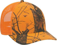 OTTO 171-1293  Mossy Oak Camouflage Superior Polyester Twill 6 Panel Low Profile Mesh Back Baseball Cap - Blaze Neon Orange | HIT a Double