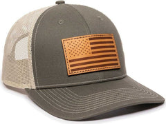 OC Sports USA771 American Flag Leather Patch Cap -Olive Khaki | HIT a Double
