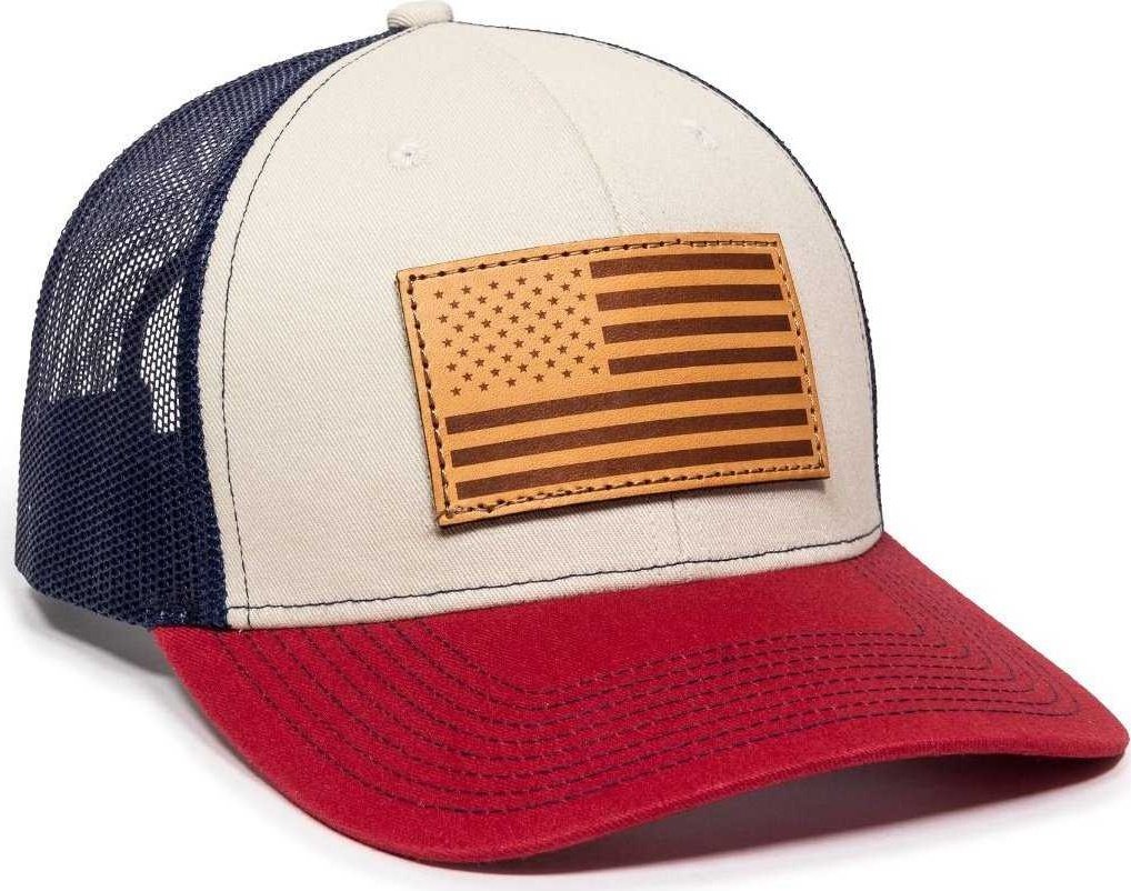OC Sports USA771 American Flag Leather Patch Cap -Stone Navy Cardinal | HIT a Double